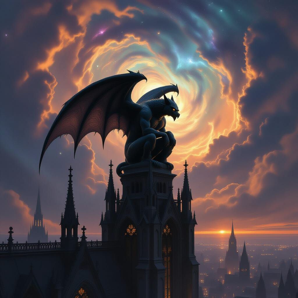 Gargoyle on Gothic Spire Against Cosmic Nebula