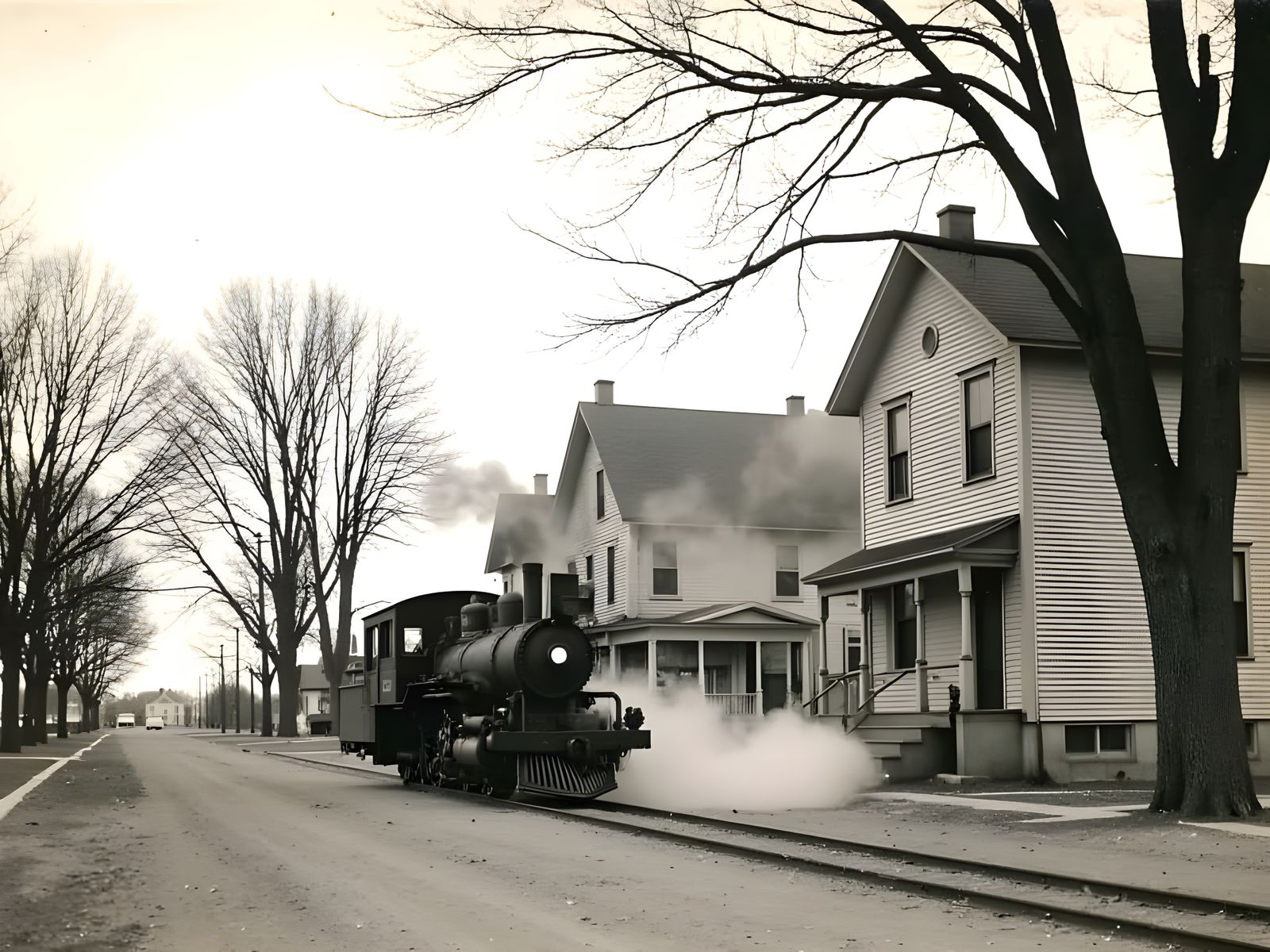 Steam Locomotive in Town: Vintage Postcard Style