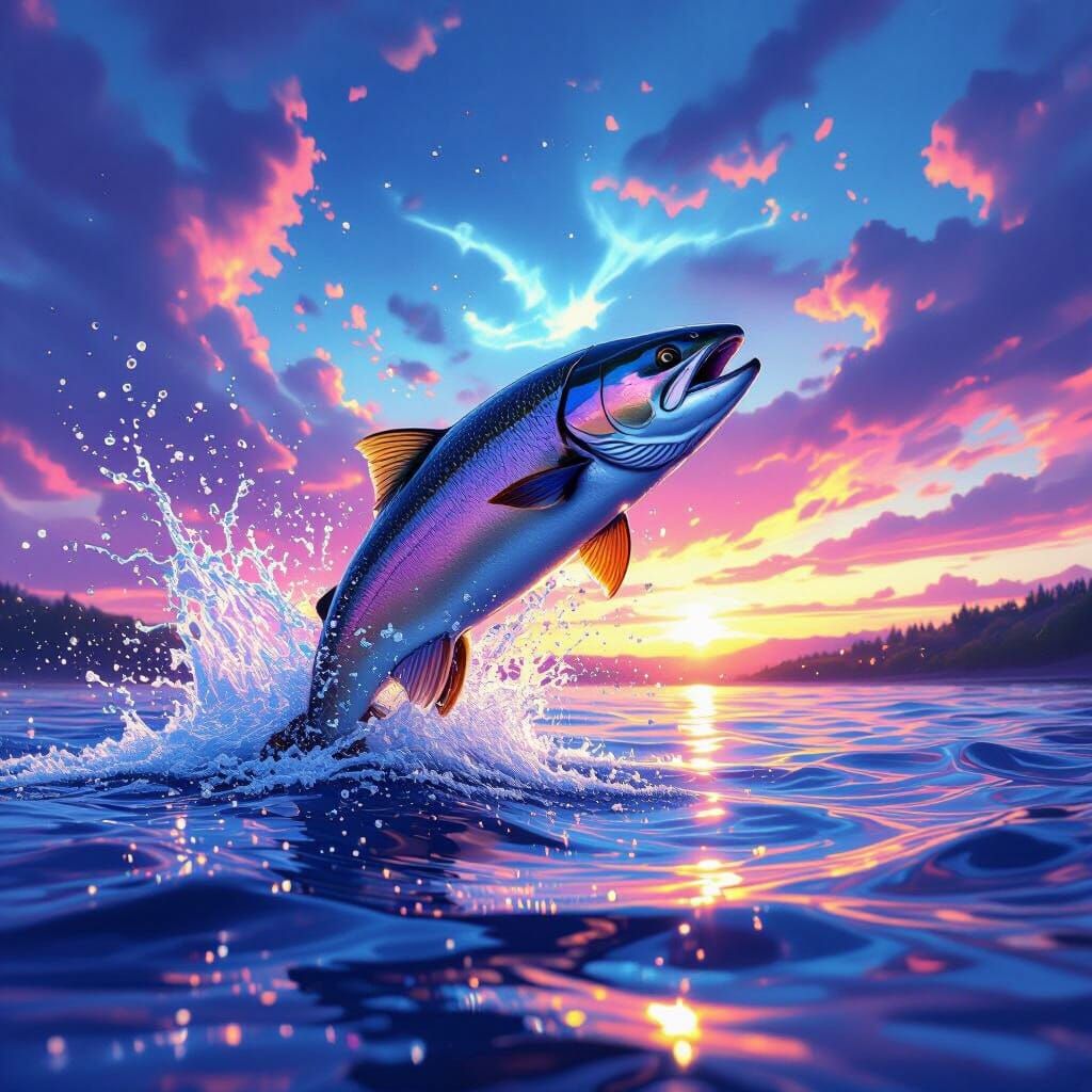 Atlantic Salmon Leaping Under Neon Sky