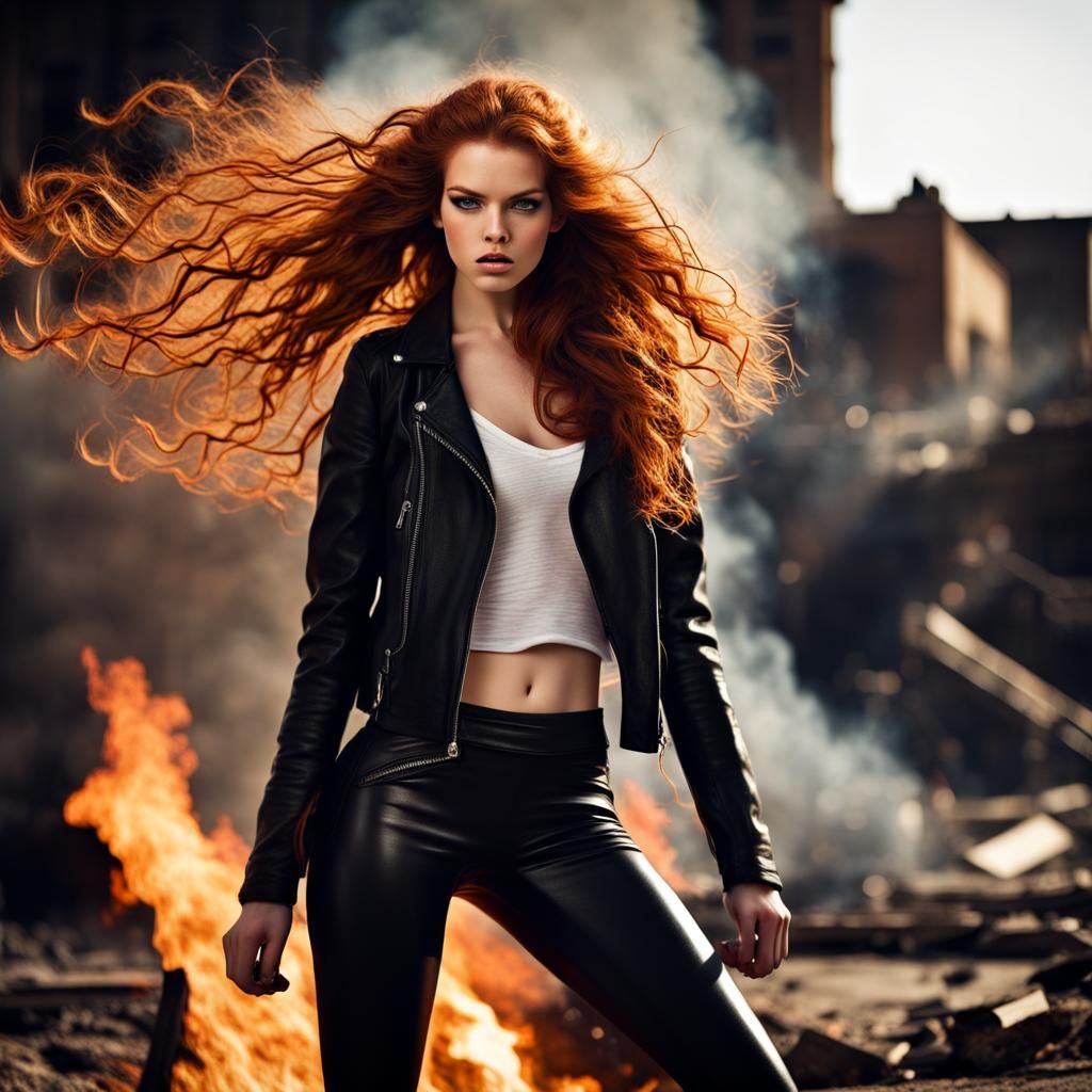 Fiery Redhead in Collapsed City, Hyperrealistic