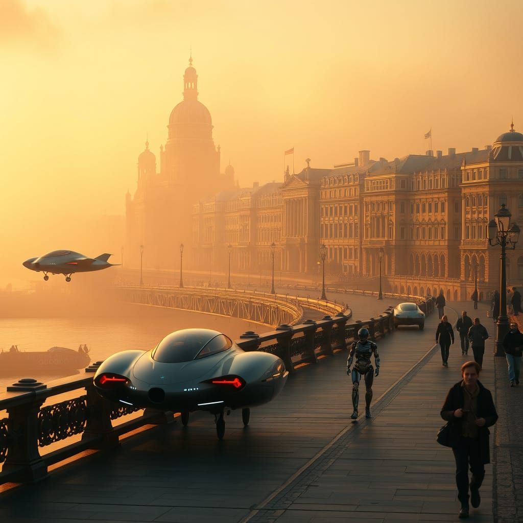 Saint-Petersburg in Golden Fog with Flying Cars
