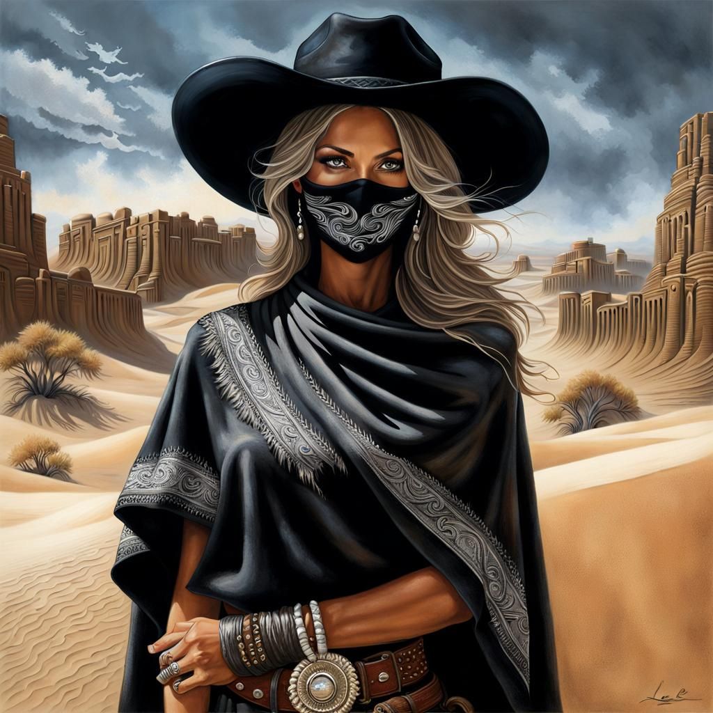 Mysterious Cowgirl in Western Town Scene