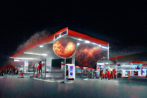 Gas Station on Mars: Holographic Steampunk Illustration