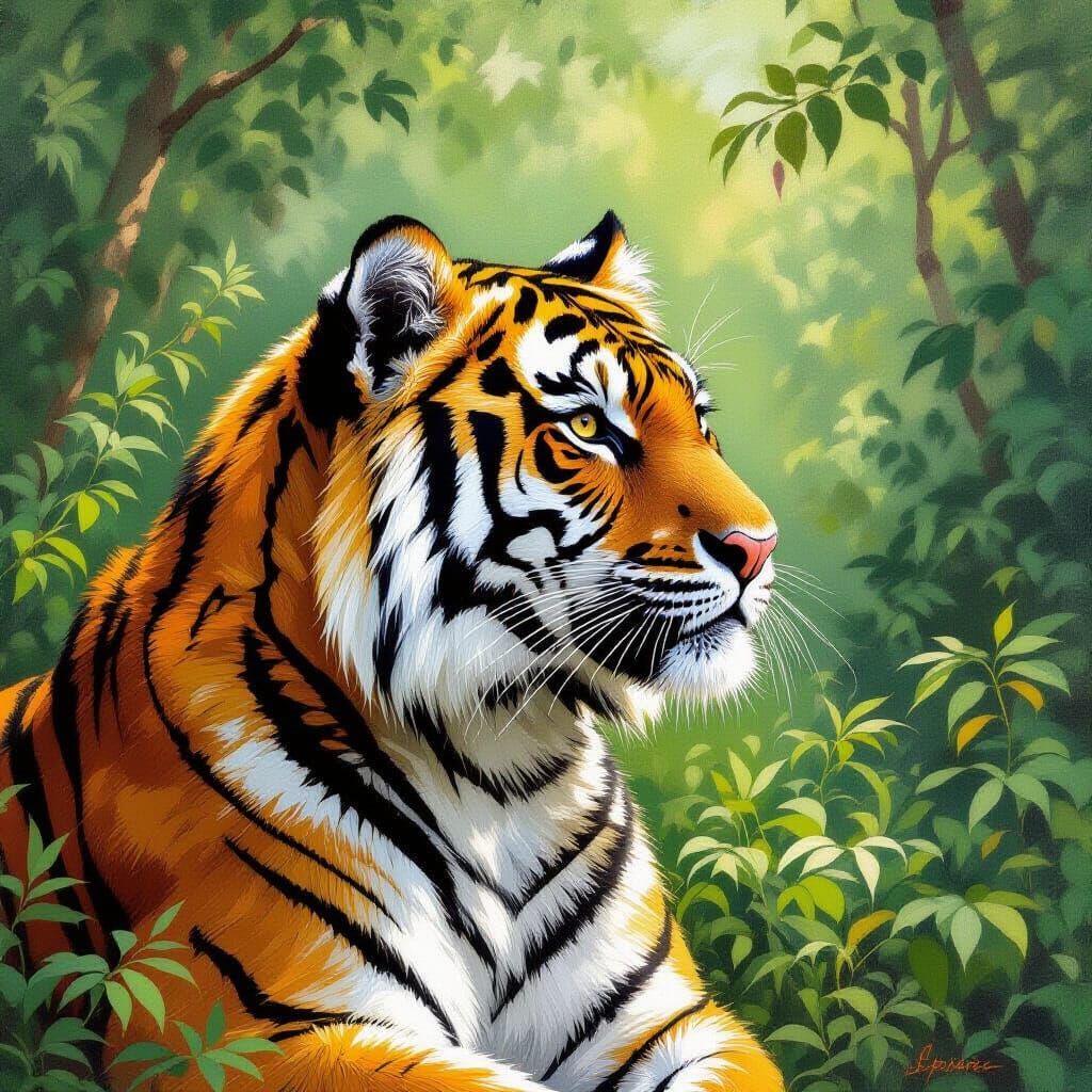 Majestic Tiger in Lush Forest, Detailed Art