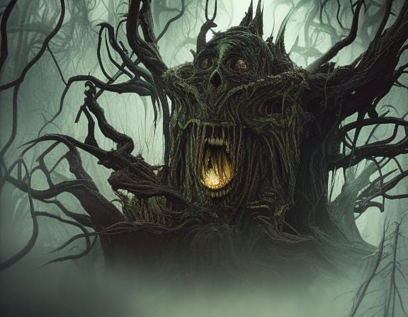 Scary Banshee in Dark Forest, Detailed Rendering