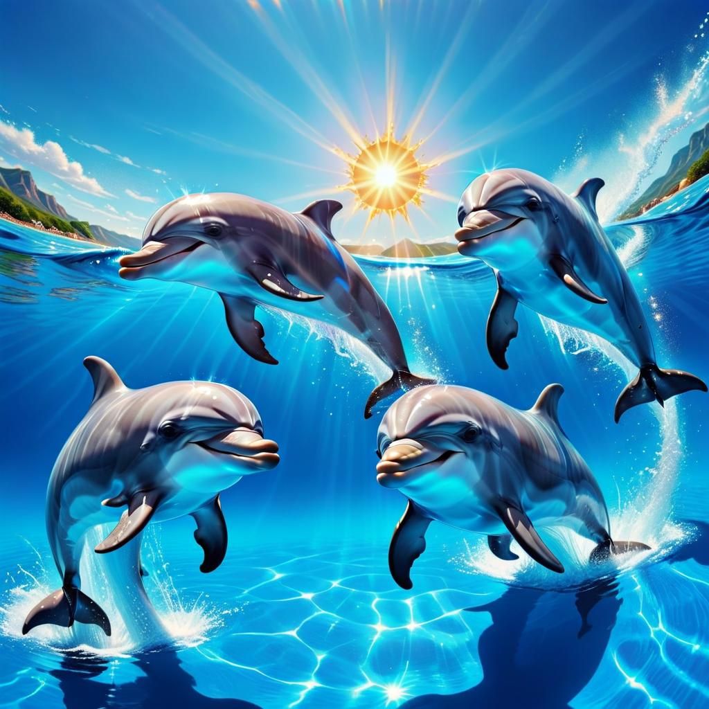 Smiling Dolphins Jumping in Sparkling Blue Water