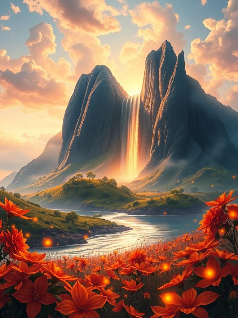 Autumnal Fantasy Landscape with Twin Mountains in 8K