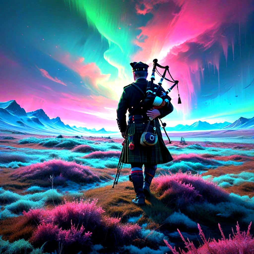 Bagpiper Under Psychedelic Aurora on Frosty Tundra