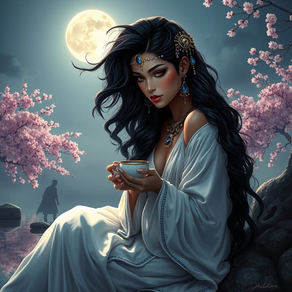 Majestic Ishtar Goddess in Whimsical Fantasy Landscape