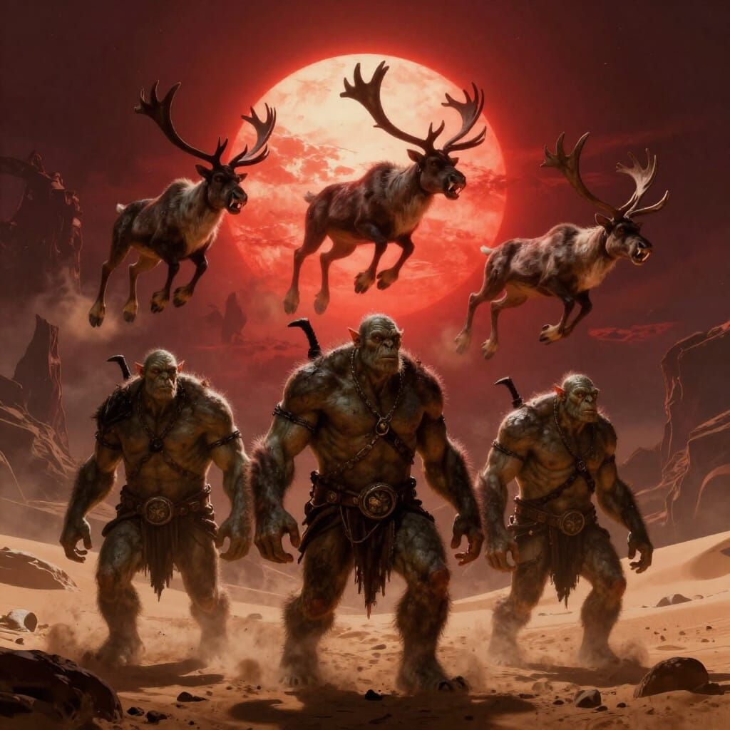 Orcs on Desert Planet with Flying Fanged Reindeer