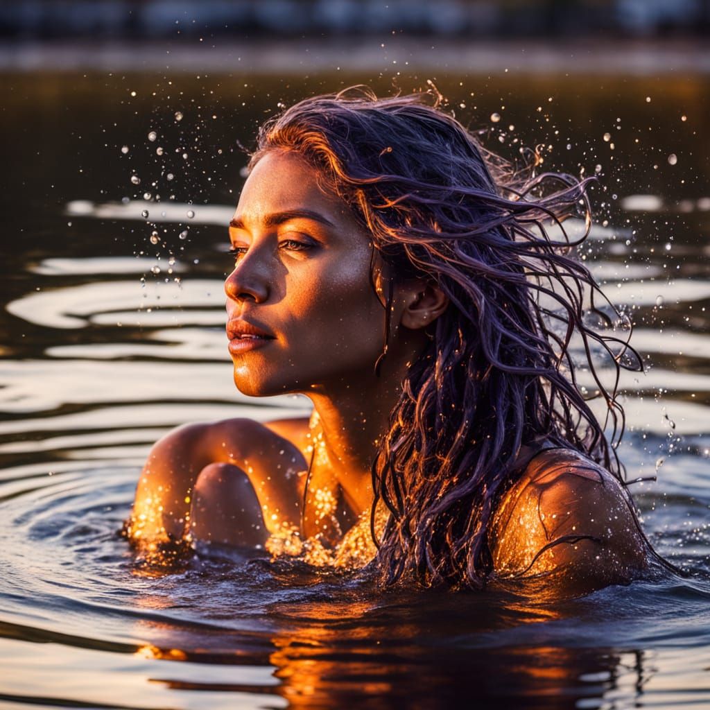 Sunset Serenity: Woman in Water, Loish-Inspired Art