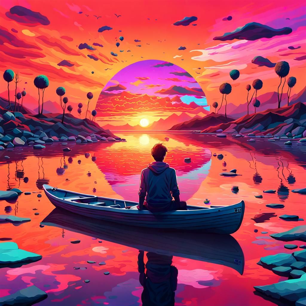 Vibrant Digital Artwork of Sunset and Abstract Designs