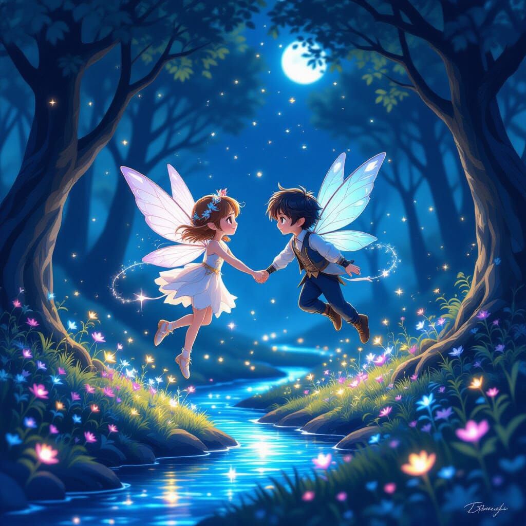 Fairy Couple Soaring Through Enchanted Starlight Grove
