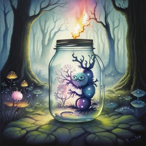 Monster Releasing Fireflies: Whimsical Watercolor Art