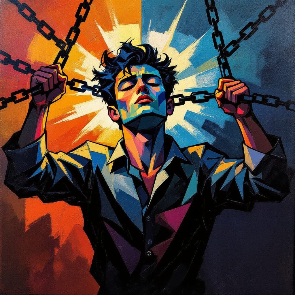 Figure Breaking Free from Chains in Expressionist Style