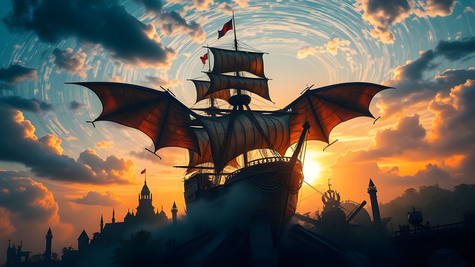 Cyberpunk Galleon Soars Over Futuristic Ruins