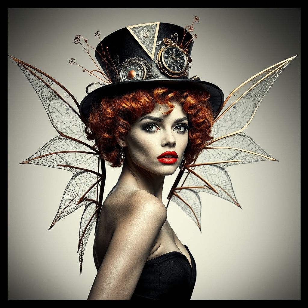 Steampunk Supermodel with Geometric Wings in Dada Style