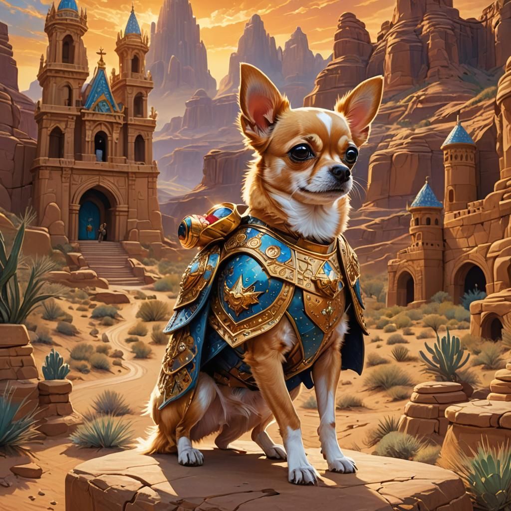 Chihuahua Prince in Golden Armor in Desert Kingdom