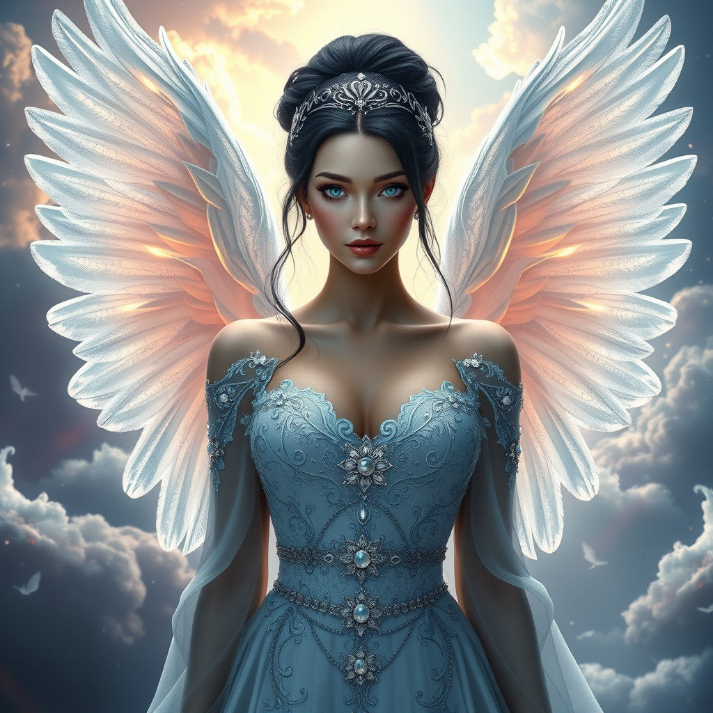 A beautiful, desirable angel, her dark hair pulled up in a tight bun, soft blue eyes, full-body, front view
