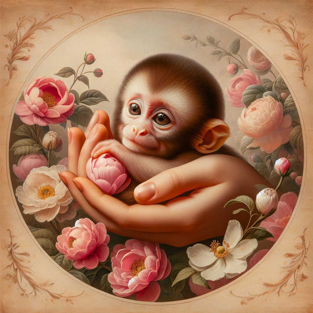 Charming Monkey Baby with Flowers in Anne Geddes Style