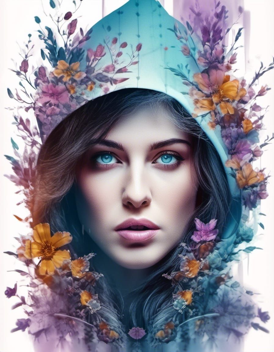 Hooded Girl Double Exposure in Digital Watercolor