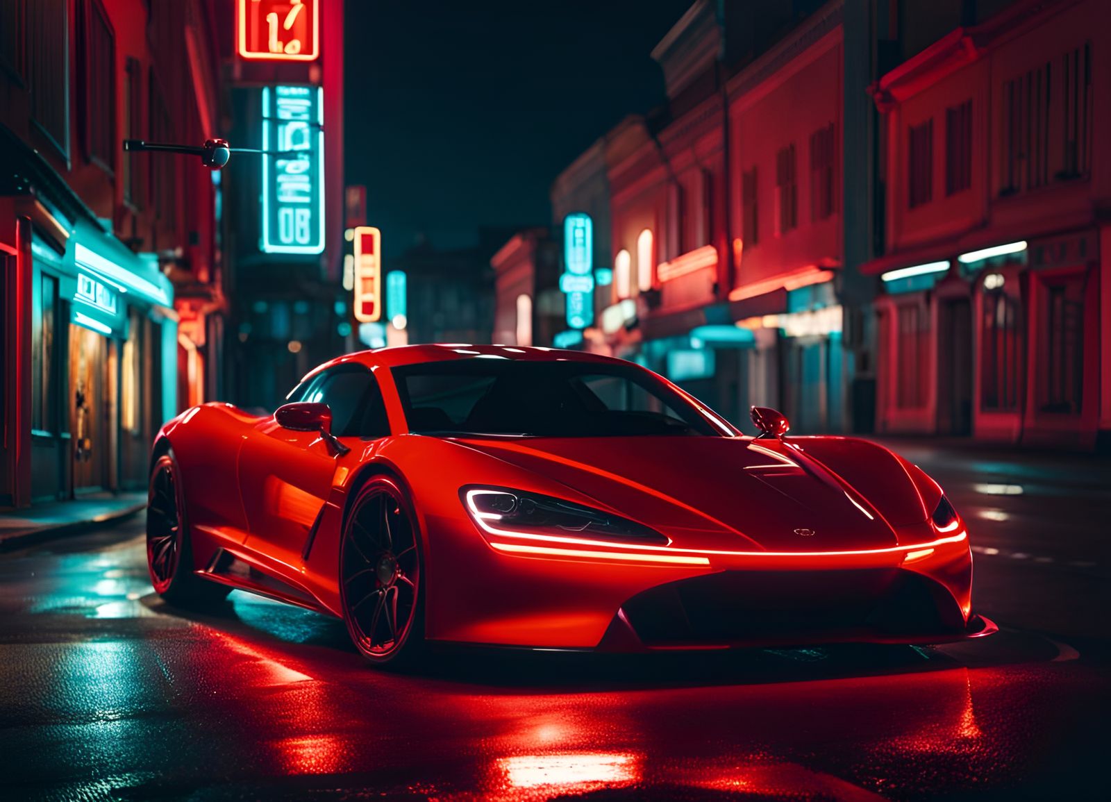 Red Sports Car in Neon Lit City at Night