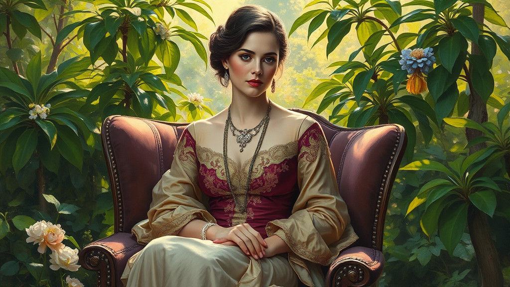 Elegant Woman in Garden, Oil Painting Style