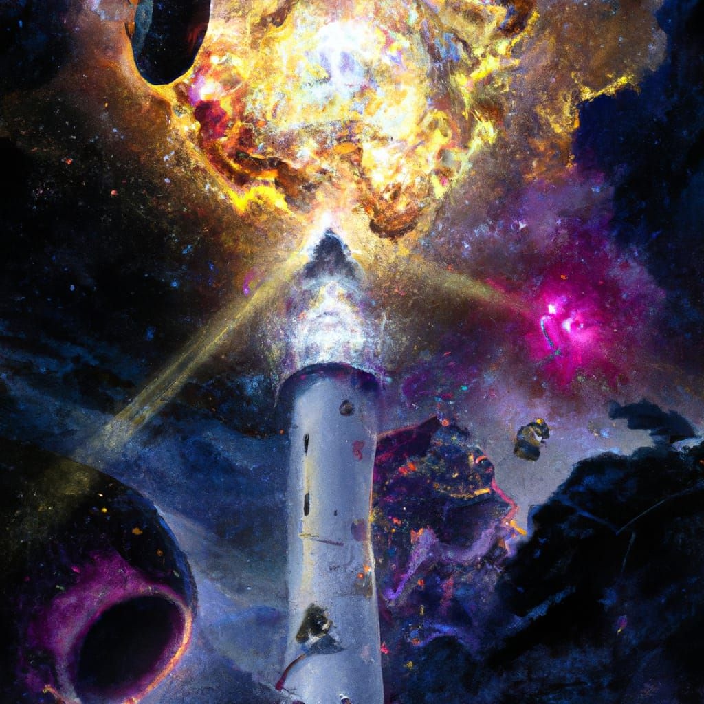 Nebula with Pulsars in Mixed Media Ink Illustration