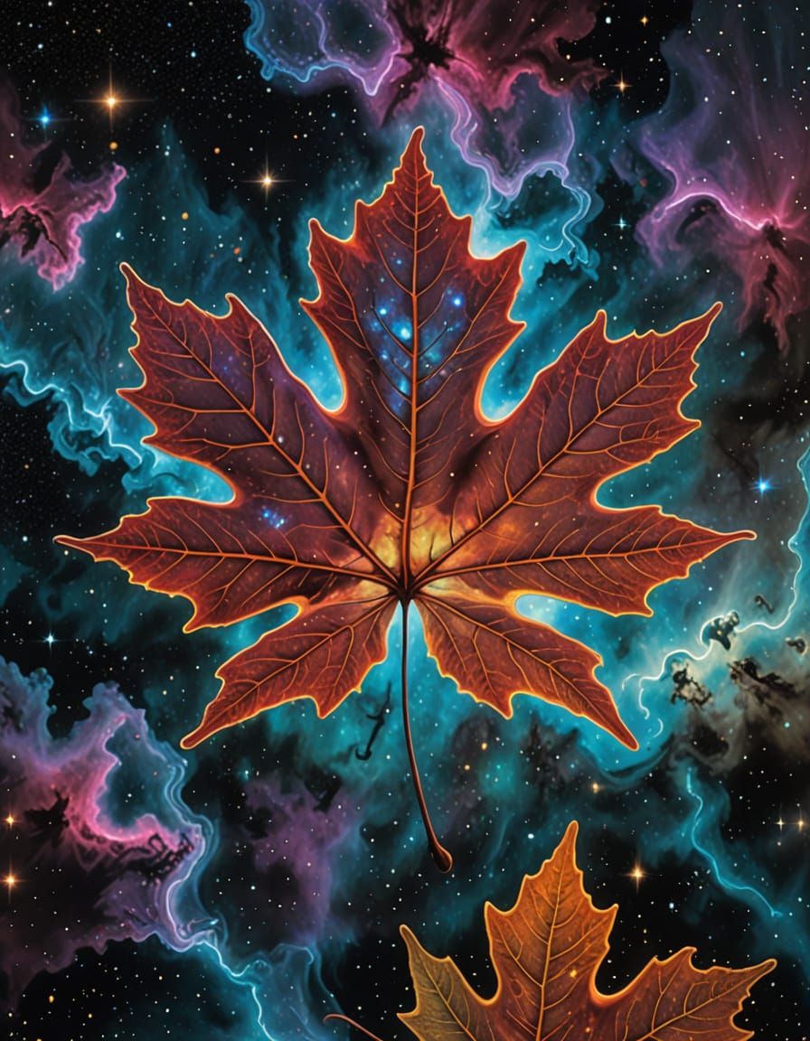 Cosmic Maple Leaf in Orbit, Vibrant Oil Painting with Triadi...
