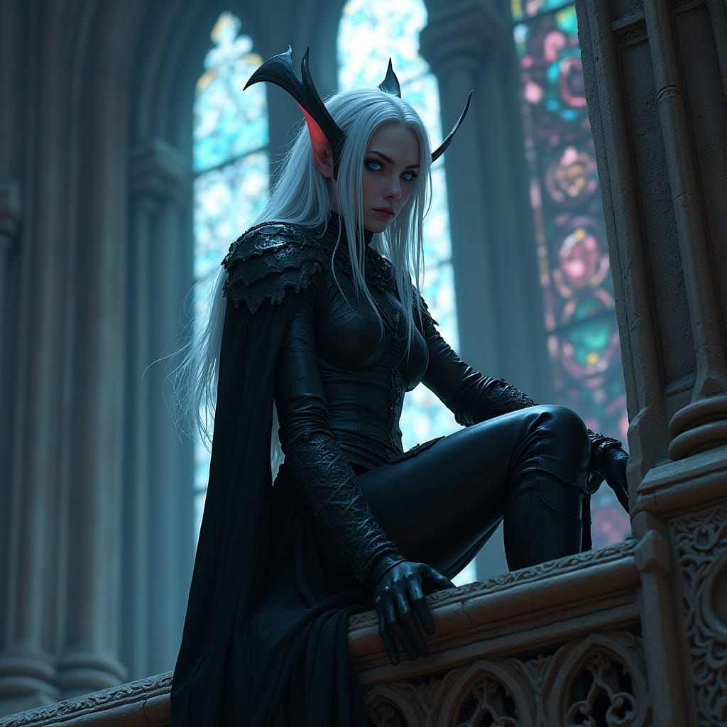Dark Elf Assassin Perched on Gothic Cathedral in Dark Fantas...