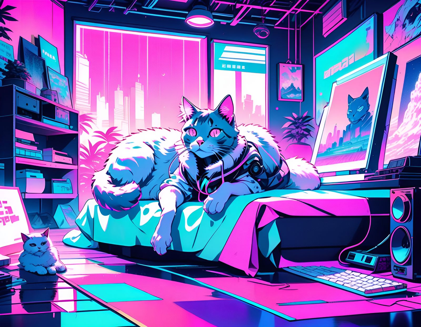 Vaporwave Girl with Cat in Neon Bedroom