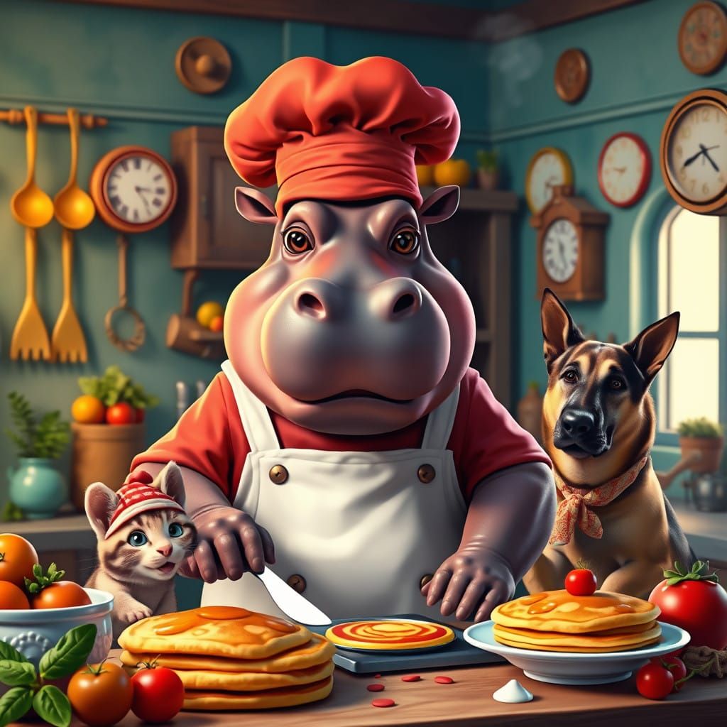 Whimsical Chef's Kitchen with Anthropomorphic Hippo and Furr...