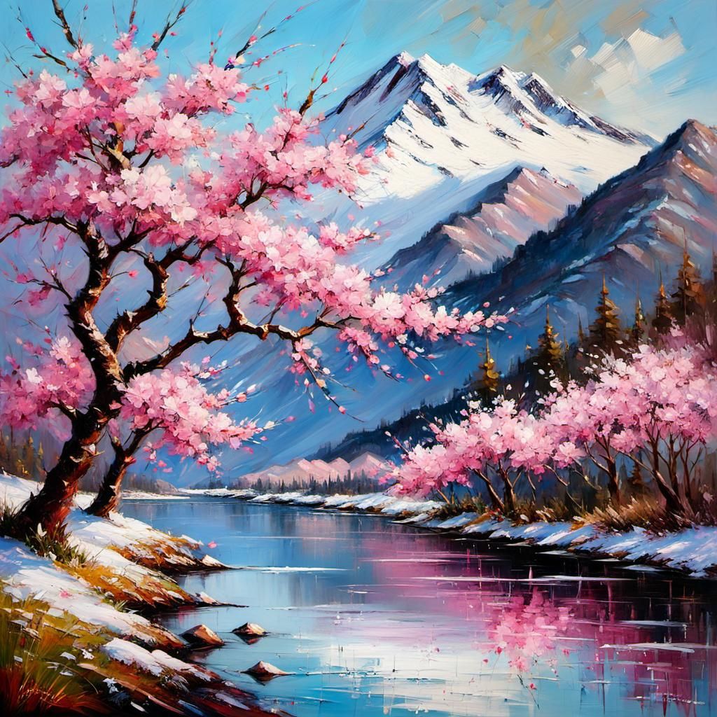 Snow-Kissed Cherry Blossom in Tachisme Style