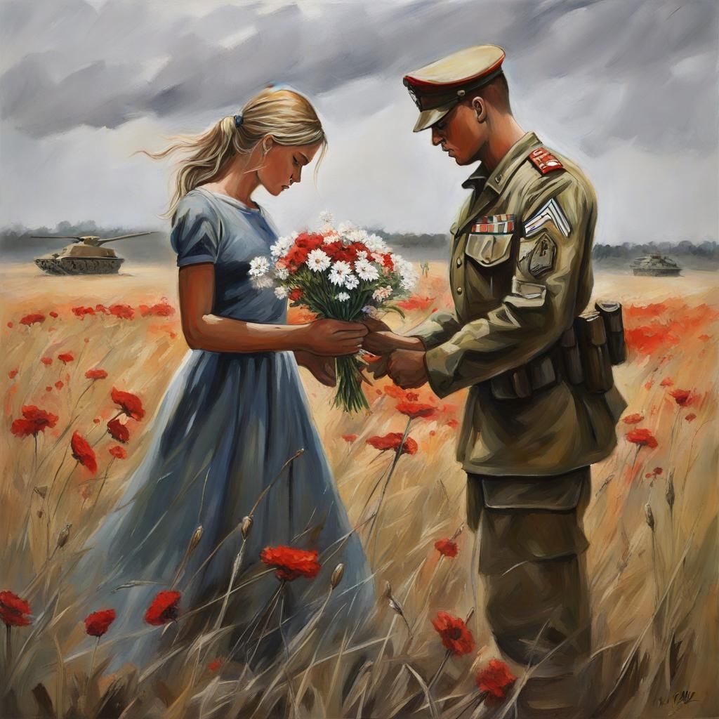 Girl Offers Flowers to Soldier in Oil Painting