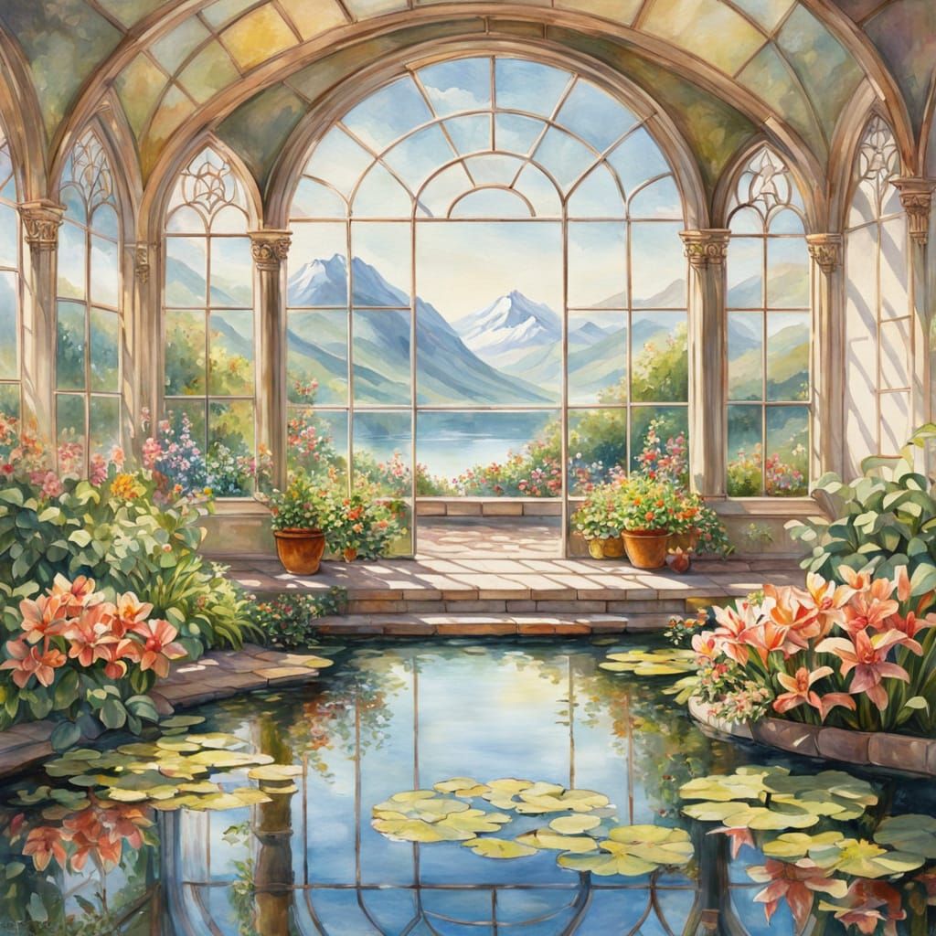 Serene Greenhouse with Mountain Lake View in Watercolor