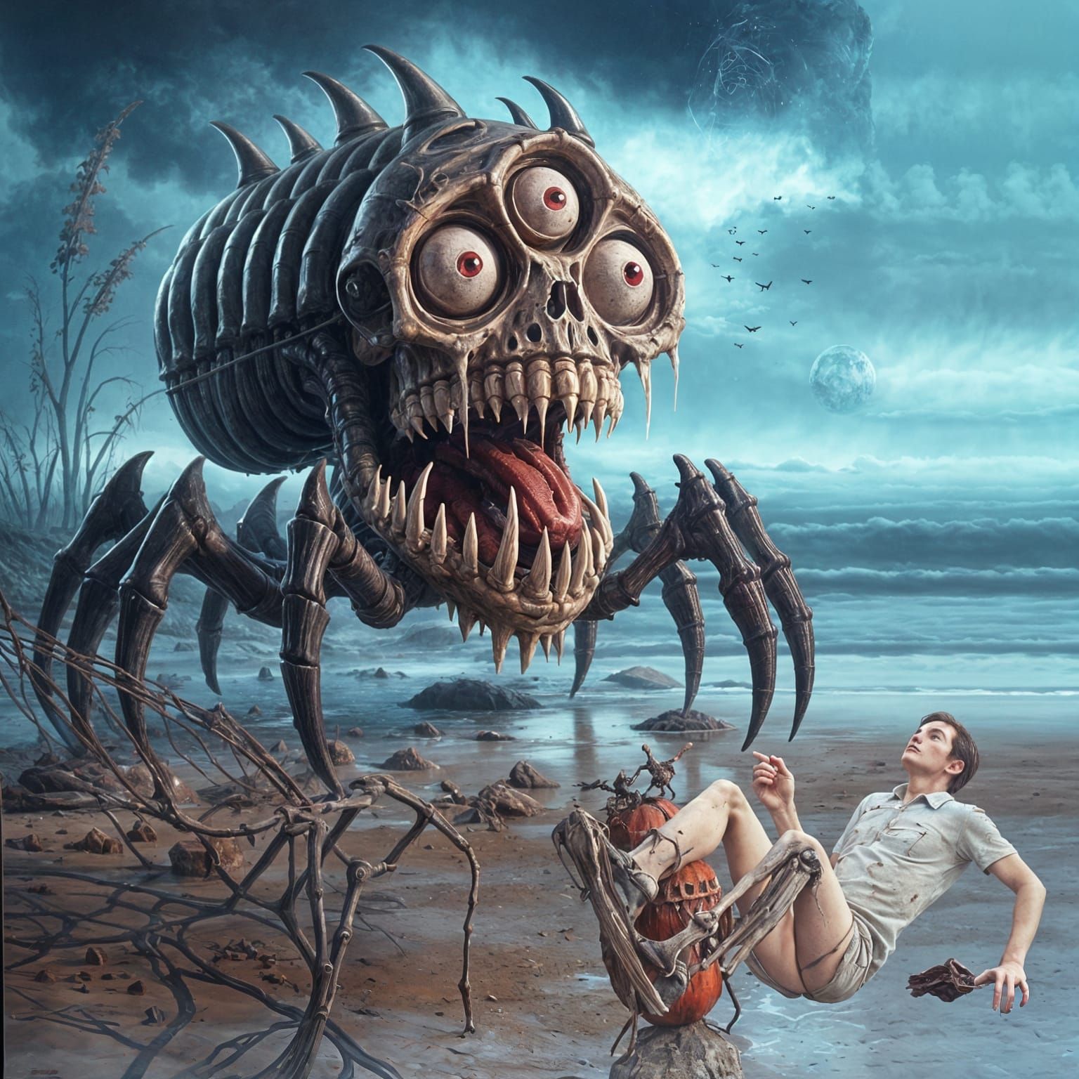 Gothic Surrealist Spider perched on Ancient Rock Formation