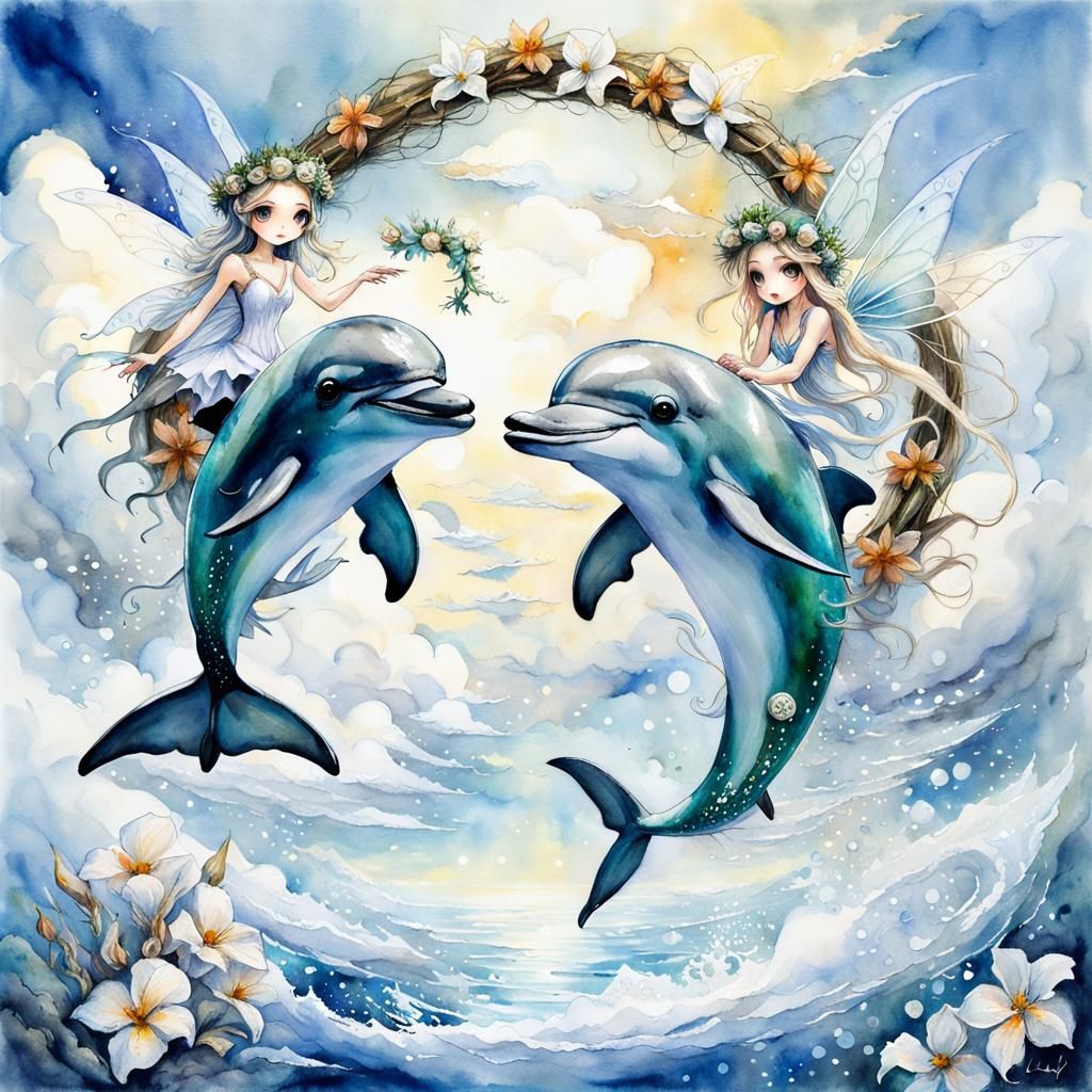 Chibi Dolphins Leap Over Fairy, Watercolor Painting