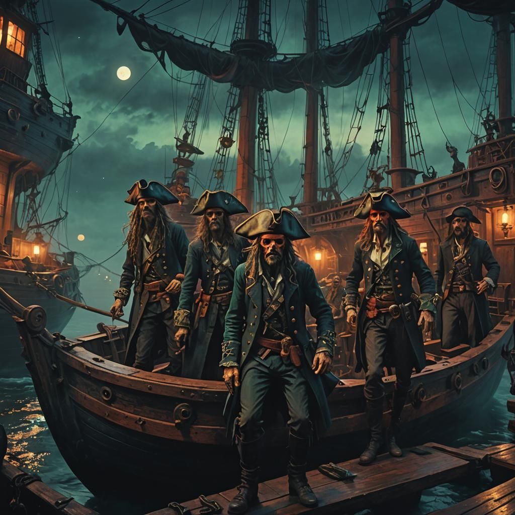Creepy Pirates on Eerie Ship in Expressionist Style