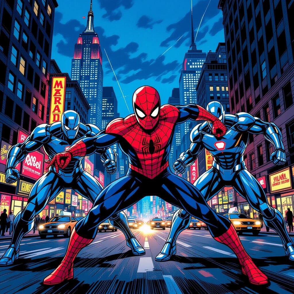 Spider-Man Fights Chrome Androids in Comic Style New York