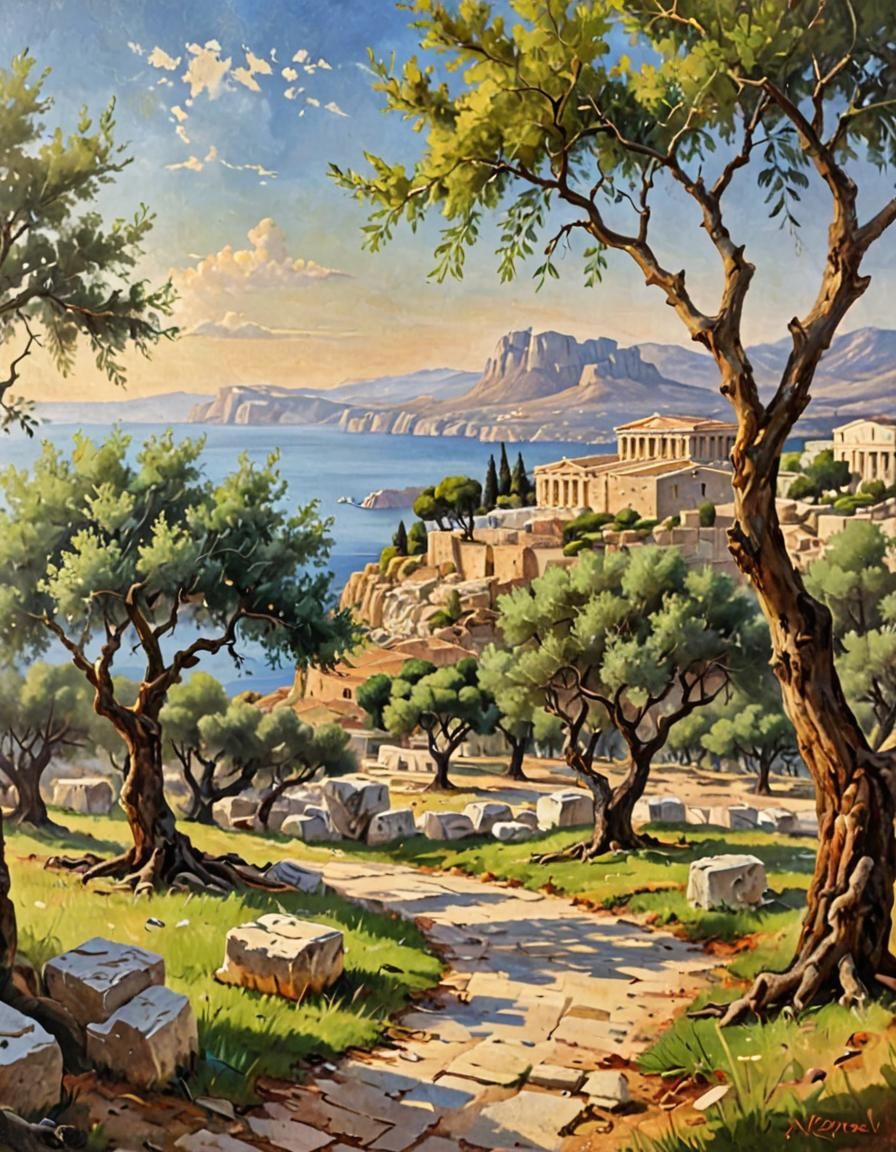 Ancient Greece: Oil Painting Vibrant Olive Tree Landscape