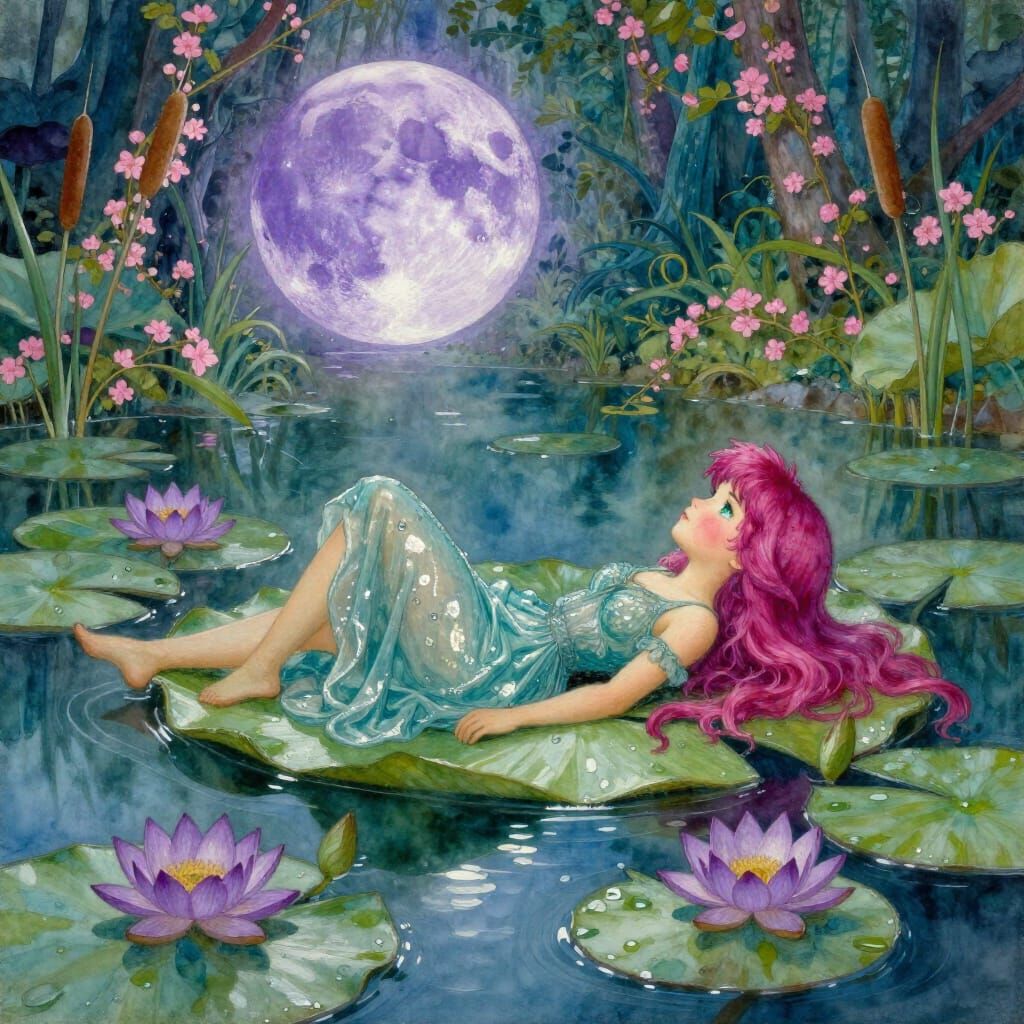 Fuchsia Pixie on Lily Pad in Watercolor Oil Style