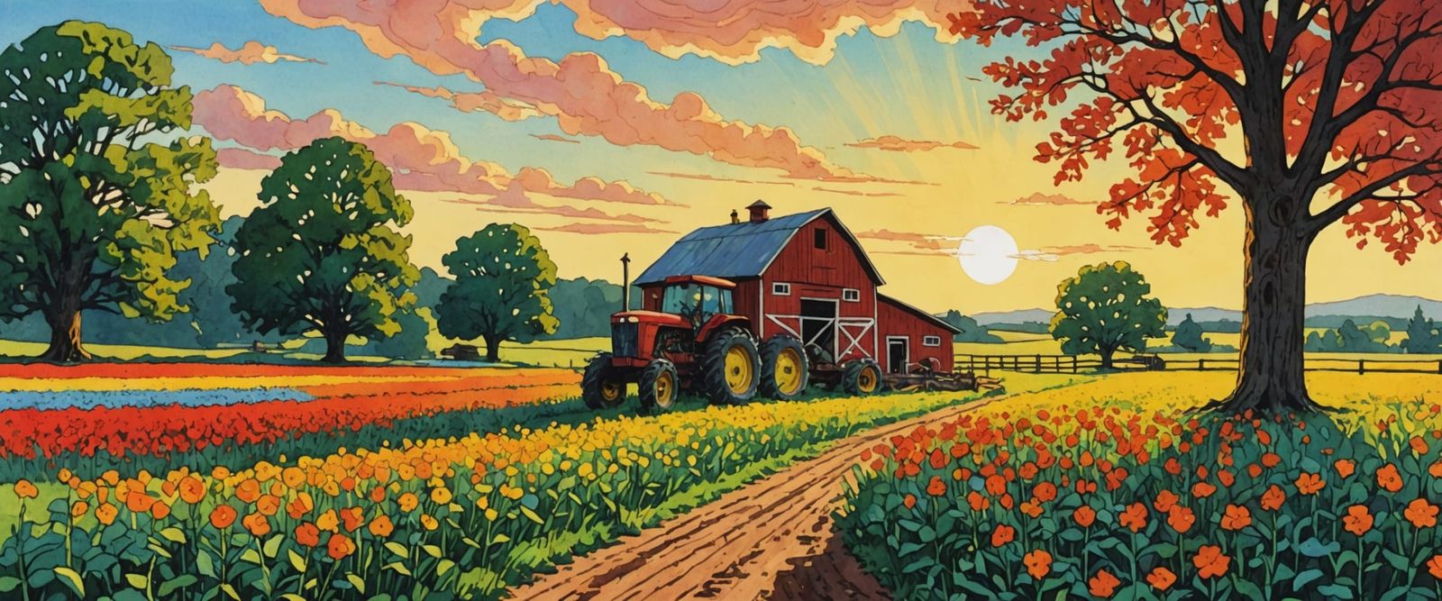 Old Red Barn with Flowers and Tractor in Retro Comic Style