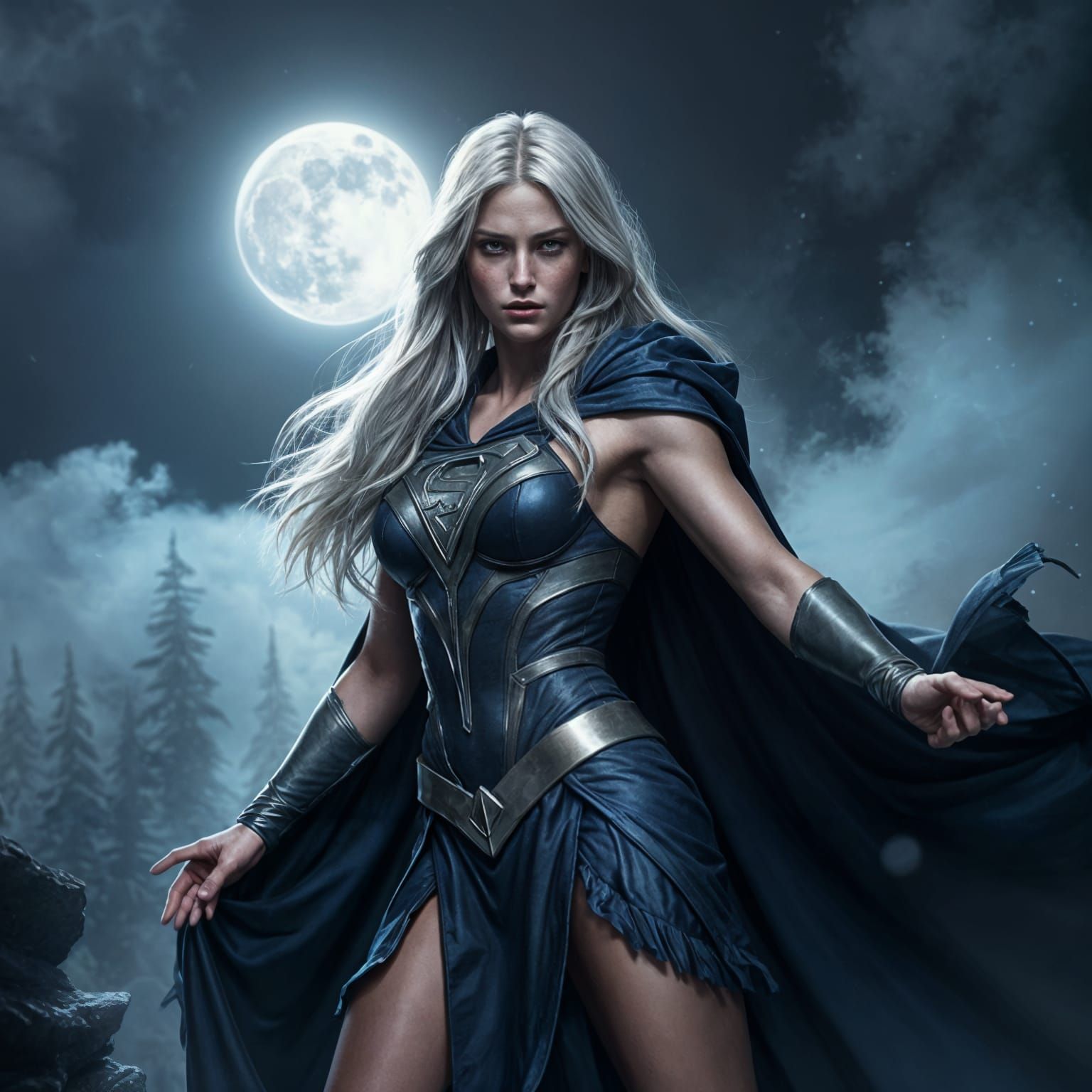 Heroic Platinum Blonde Superheroine in Dark Fantasy Cape