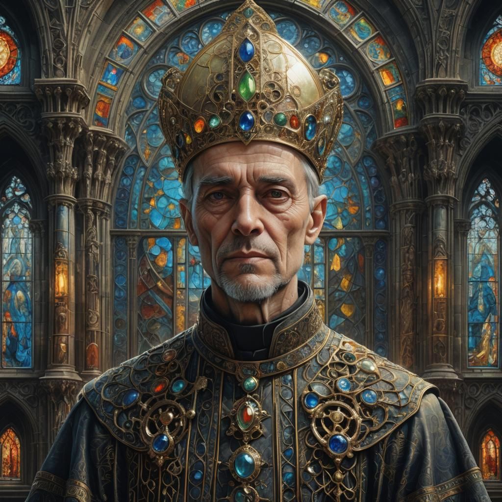Priest with Gemstones in Ornate Cathedral, Fantasy Art