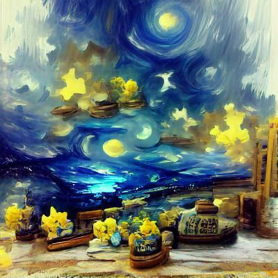 Starry Night Sky Oil Painting with Lanterns