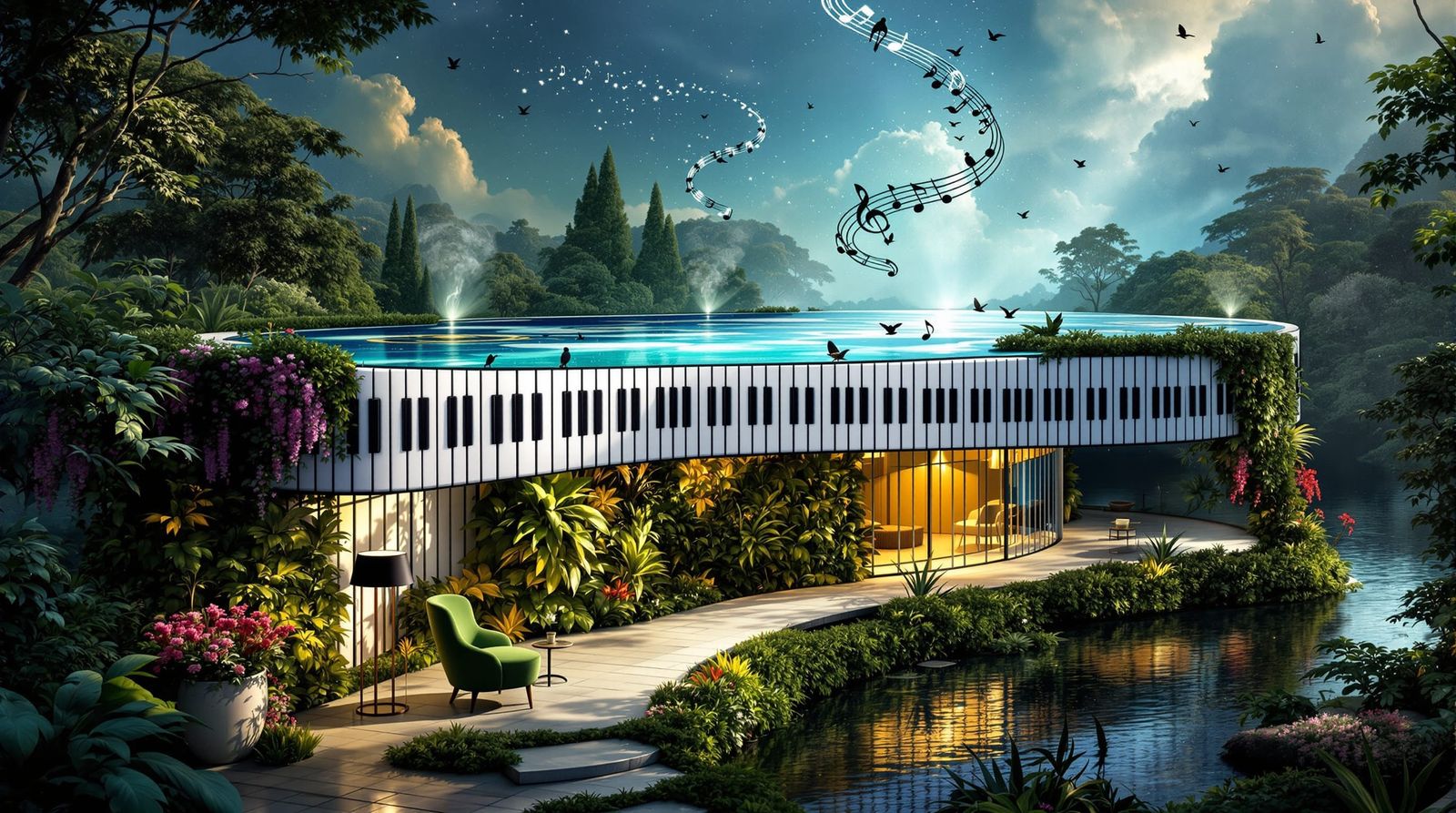 Surreal Piano Key House with Musical Motifs