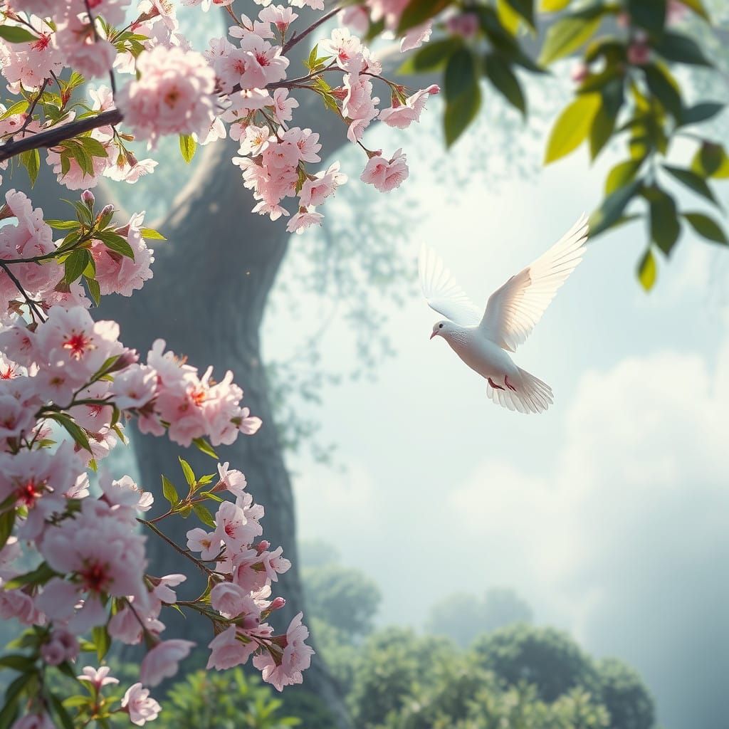 Floating Doves Amidst Vibrant Cherry Blossoms in Futuristic...