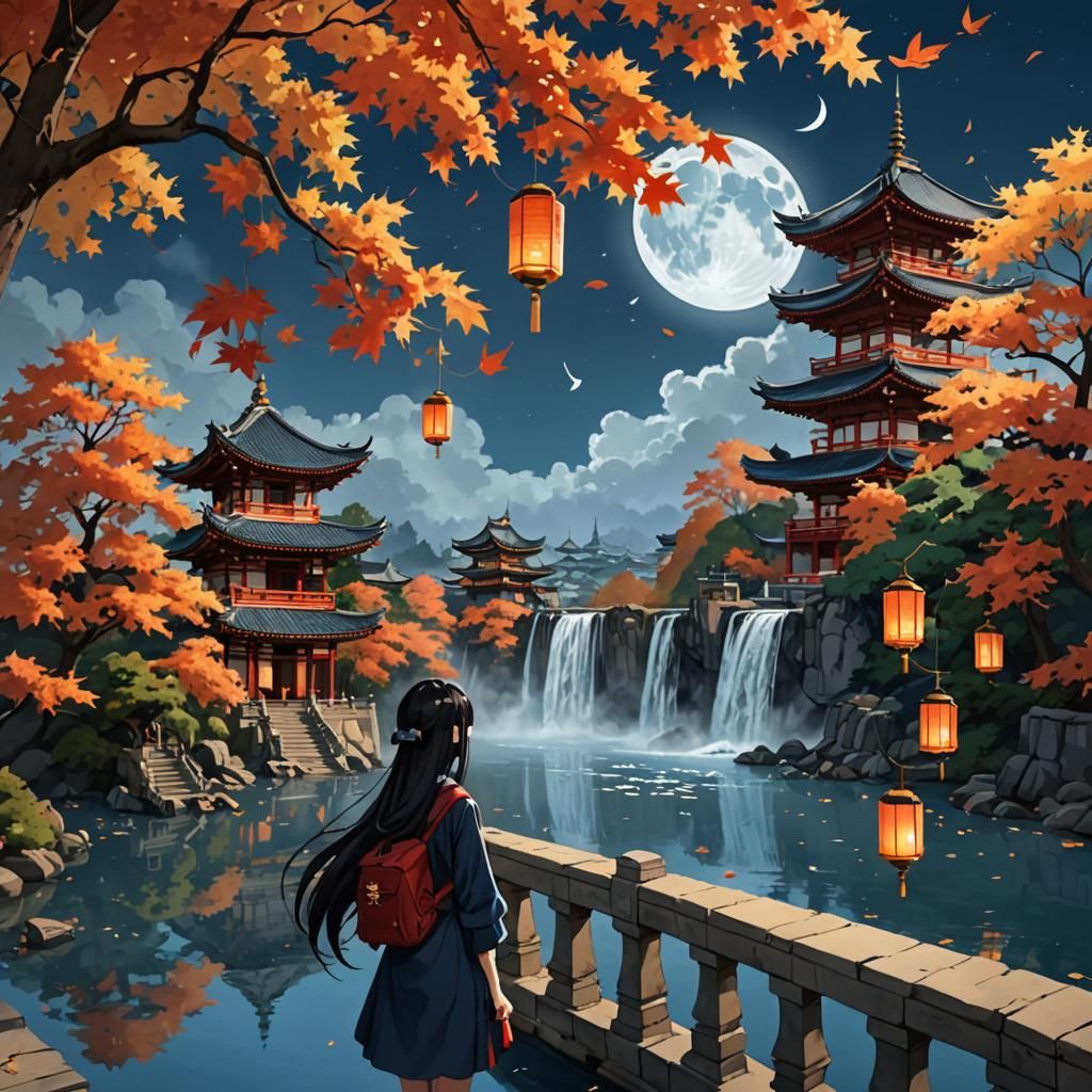 Autumn Leaves and Pagoda Landscape with Waterfall