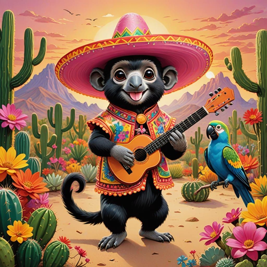 A dancing monkey wearing sombreros