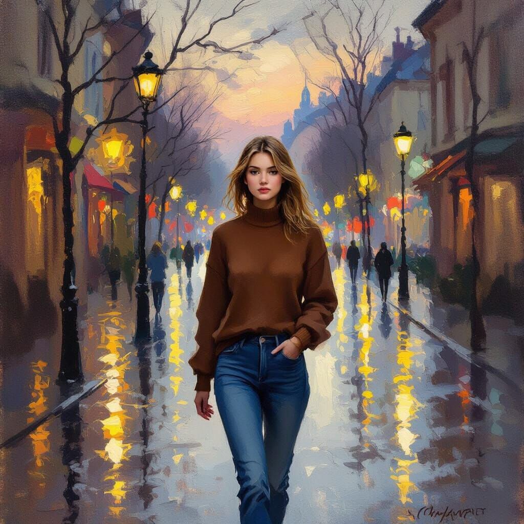 Impressionistic Oil Painting of Woman on Spring Evening Stre...